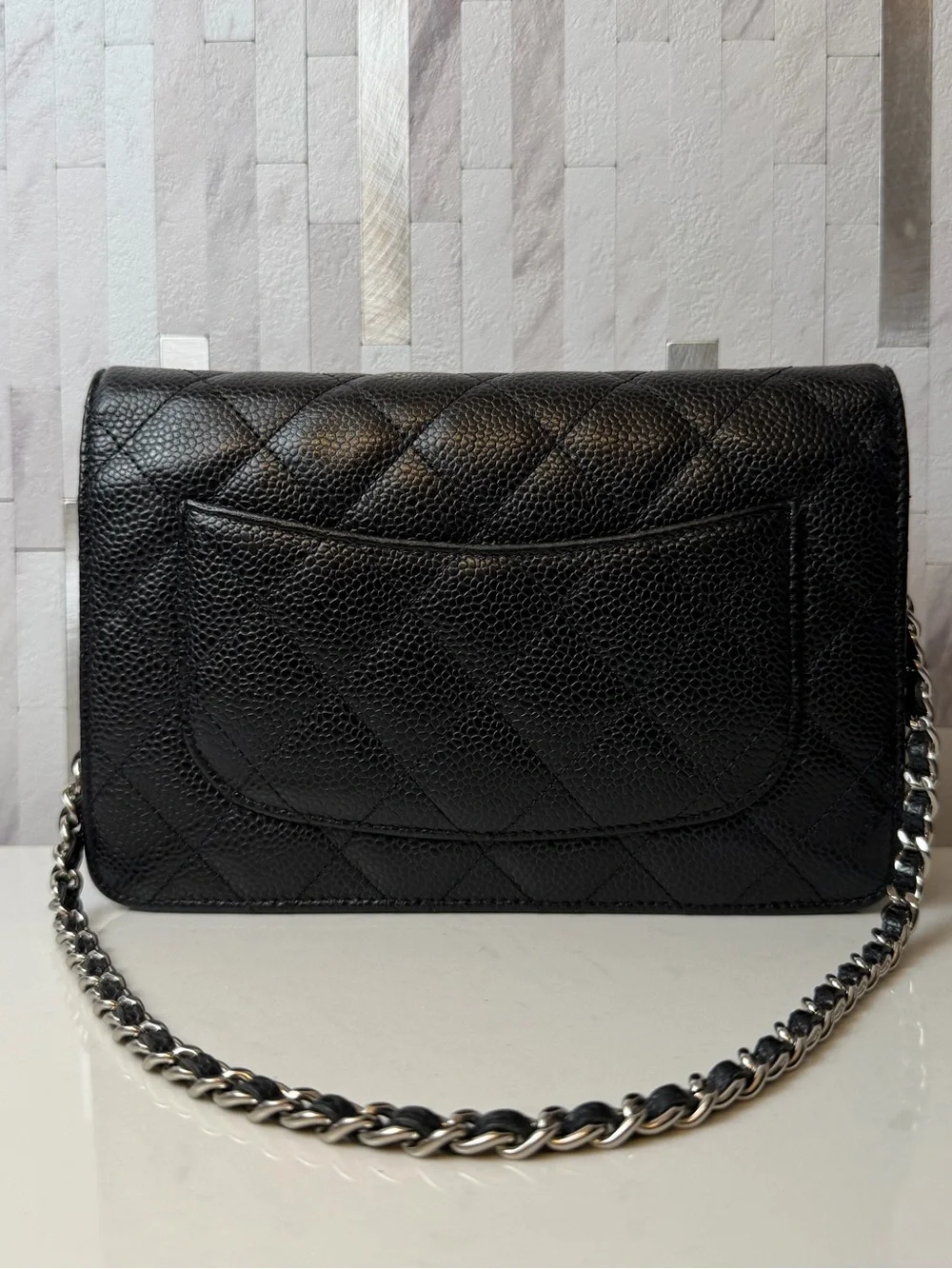 ♠️CHANEL Black Caviar Quilted Wallet On Chain WOC Silver Hardware Crossbody Bag